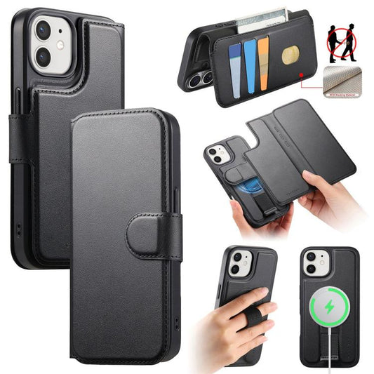 For iPhone 12 / 12 Pro CaseNeo Finger Grip Strap MagSafe Leather Phone Case(Black) - iPhone 12 / 12 Pro Cases by CaseNeo | Online Shopping UK | buy2fix