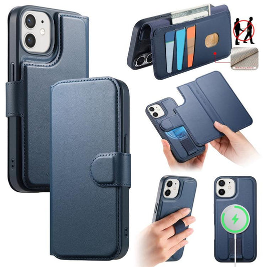 For iPhone 12 / 12 Pro CaseNeo Finger Grip Strap MagSafe Leather Phone Case(Blue) - iPhone 12 / 12 Pro Cases by CaseNeo | Online Shopping UK | buy2fix
