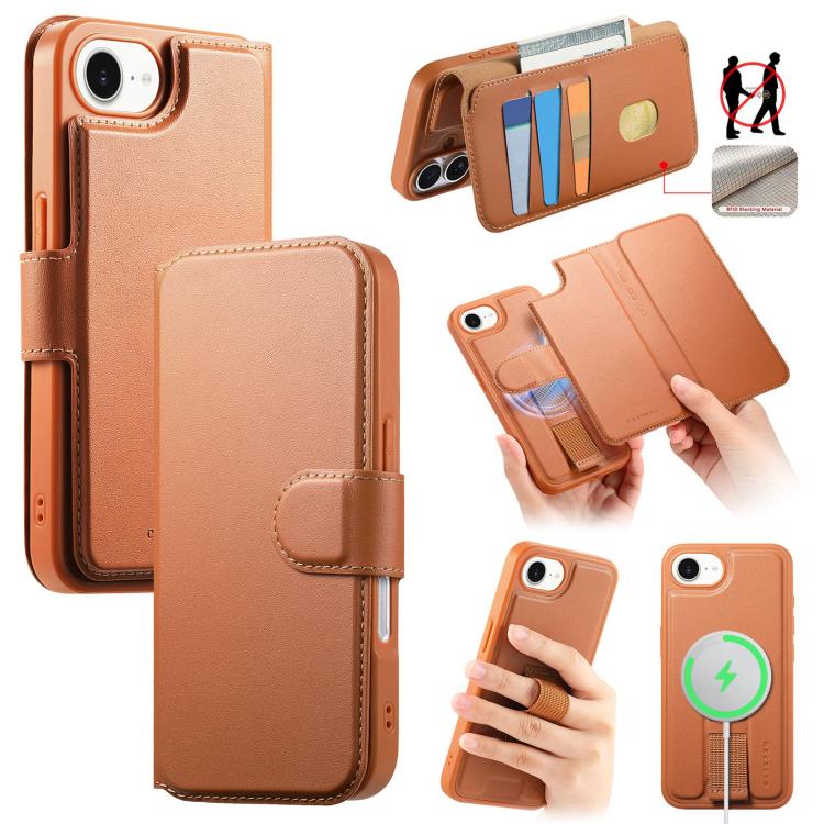 For iPhone 16e CaseNeo Finger Grip Strap MagSafe Leather Phone Case(Brown) - iPhone 16e Cases by CaseNeo | Online Shopping UK | buy2fix