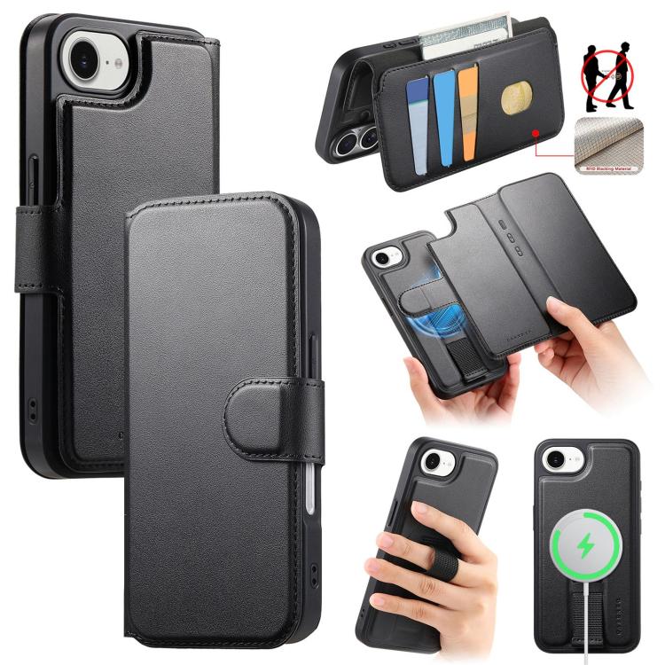 For iPhone 16e CaseNeo Finger Grip Strap MagSafe Leather Phone Case(Black) - iPhone 16e Cases by CaseNeo | Online Shopping UK | buy2fix