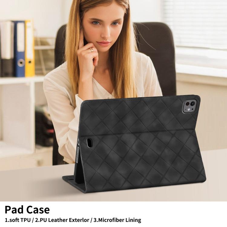 For iPad Air 13 2025 / 2024 / Pro 12.9 Rhombus Embossed Leather Smart Tablet Case(Black) - iPad Air 13 2025 / 2024 Cases by buy2fix | Online Shopping UK | buy2fix