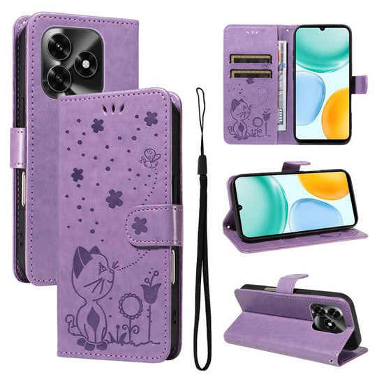 For Honor X5c Plus Cat and Bee Embossed Flip Leather Phone Case(Purple)
