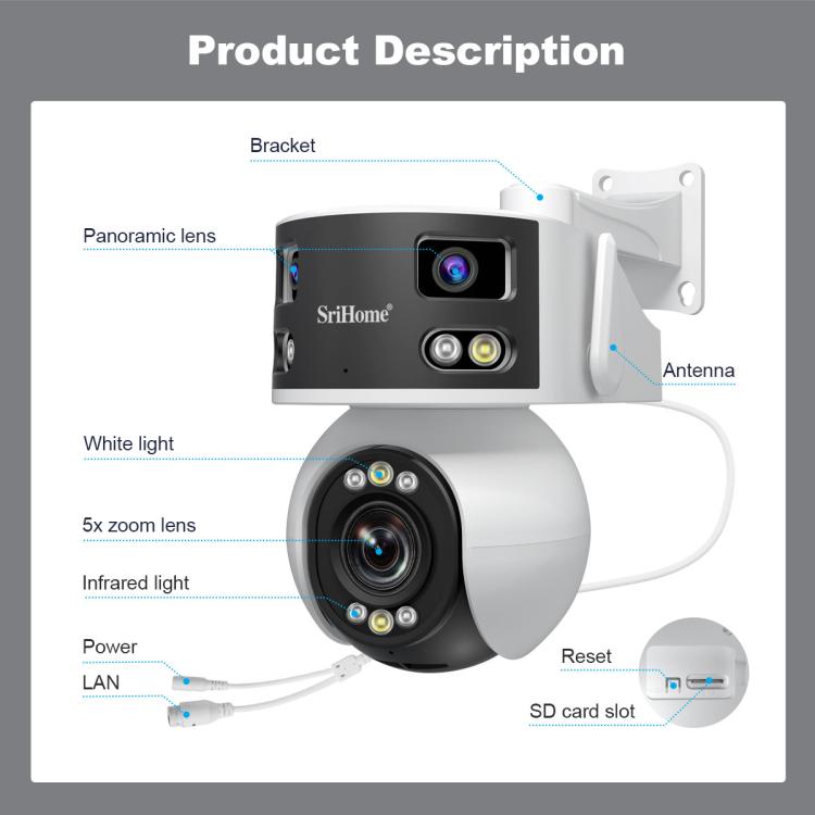 SriHome SH055 8MP HD Multi-lens 5X Optical Zoom Lens Panoramic PTZ Dome Camera(US Plug) - Dome Camera by SriHome | Online Shopping UK | buy2fix