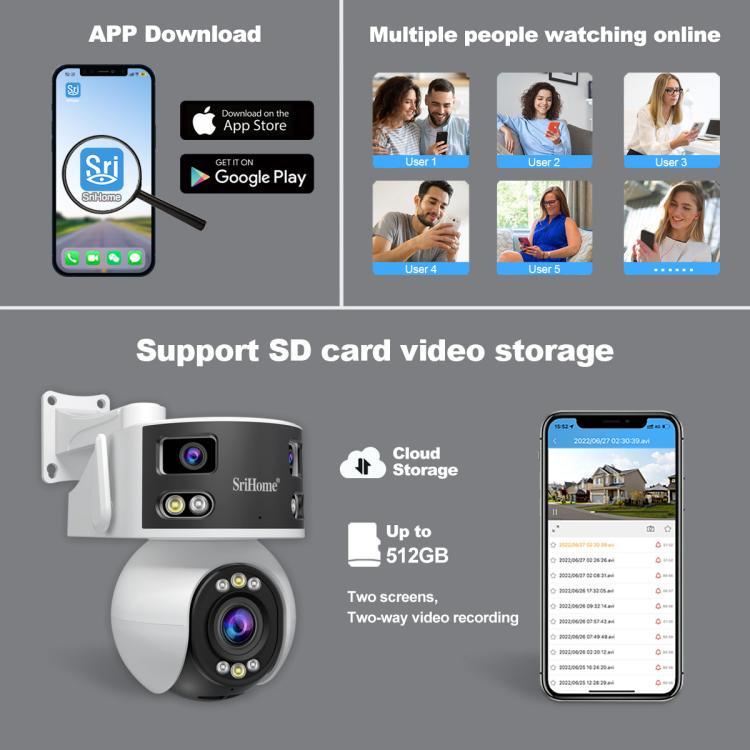 SriHome SH055B 8MP HD Multi-lens Super Wide Angle Panoramic PTZ Dome Camera(US Plug) - Dome Camera by SriHome | Online Shopping UK | buy2fix