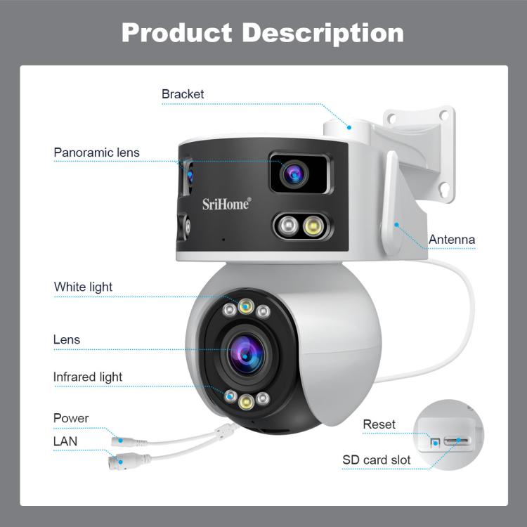 SriHome SH055B 8MP HD Multi-lens Super Wide Angle Panoramic PTZ Dome Camera(US Plug) - Dome Camera by SriHome | Online Shopping UK | buy2fix
