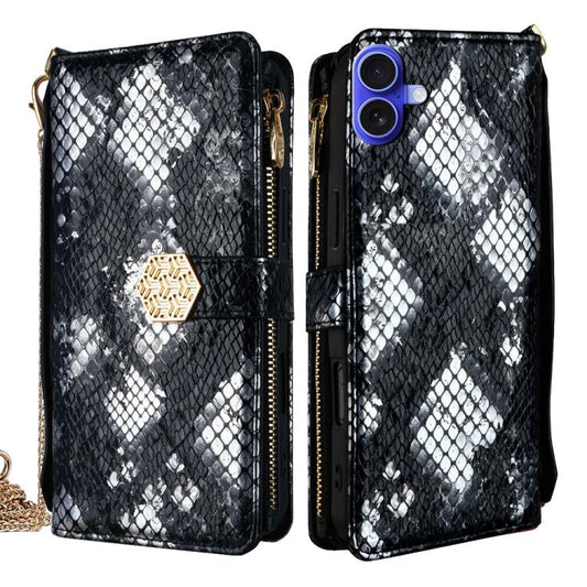 For iPhone 16 Plus Crossbody Handle Snake Texture Leather Phone Case(Black) - iPhone 16 Plus Cases by buy2fix | Online Shopping UK | buy2fix