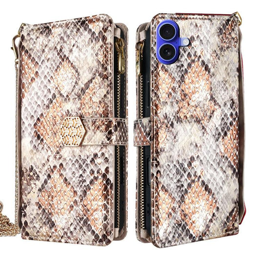For iPhone 16 Plus Crossbody Handle Snake Texture Leather Phone Case(White) - iPhone 16 Plus Cases by buy2fix | Online Shopping UK | buy2fix