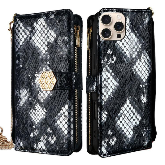 For iPhone 16 Pro Crossbody Handle Snake Texture Leather Phone Case(Black) - iPhone 16 Pro Cases by buy2fix | Online Shopping UK | buy2fix