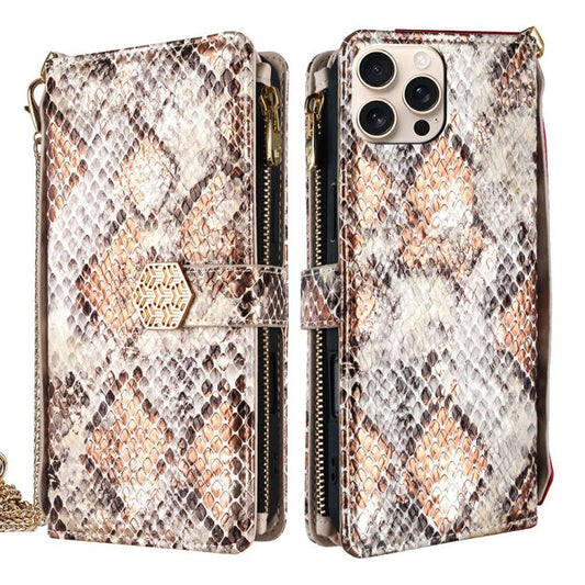 For iPhone 16 Pro Crossbody Handle Snake Texture Leather Phone Case(White) - iPhone 16 Pro Cases by buy2fix | Online Shopping UK | buy2fix