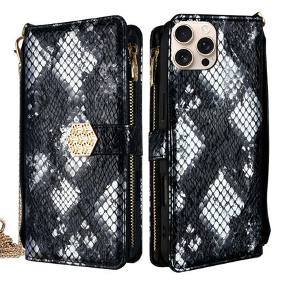 For iPhone 16 Pro Max Crossbody Handle Snake Texture Leather Phone Case(Black) - iPhone 16 Pro Max Cases by buy2fix | Online Shopping UK | buy2fix