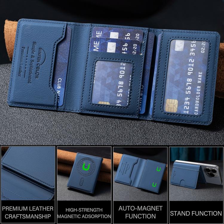 Solid Color Leather Horizontal Magnetic Wallet Card Bag Case(Blue) - Adhesive Card Holders by buy2fix | Online Shopping UK | buy2fix