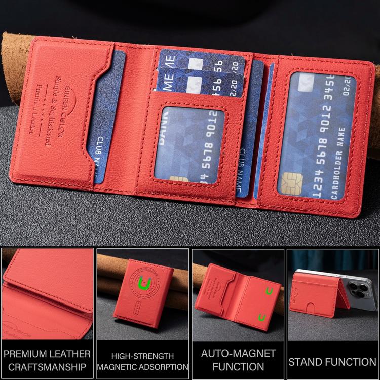 Solid Color Leather Horizontal Magnetic Wallet Card Bag Case(Red) - Adhesive Card Holders by buy2fix | Online Shopping UK | buy2fix