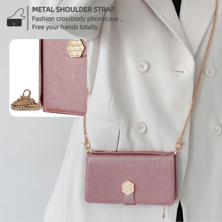 For iPhone 12 / 12 Pro Crossbody Handle Cross Texture Leather Phone Case(Rose Gold) - iPhone 12 / 12 Pro Cases by buy2fix | Online Shopping UK | buy2fix