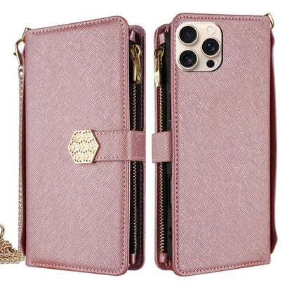 For iPhone 13 Pro Crossbody Handle Cross Texture Leather Phone Case(Rose Gold) - iPhone 13 Pro Cases by buy2fix | Online Shopping UK | buy2fix