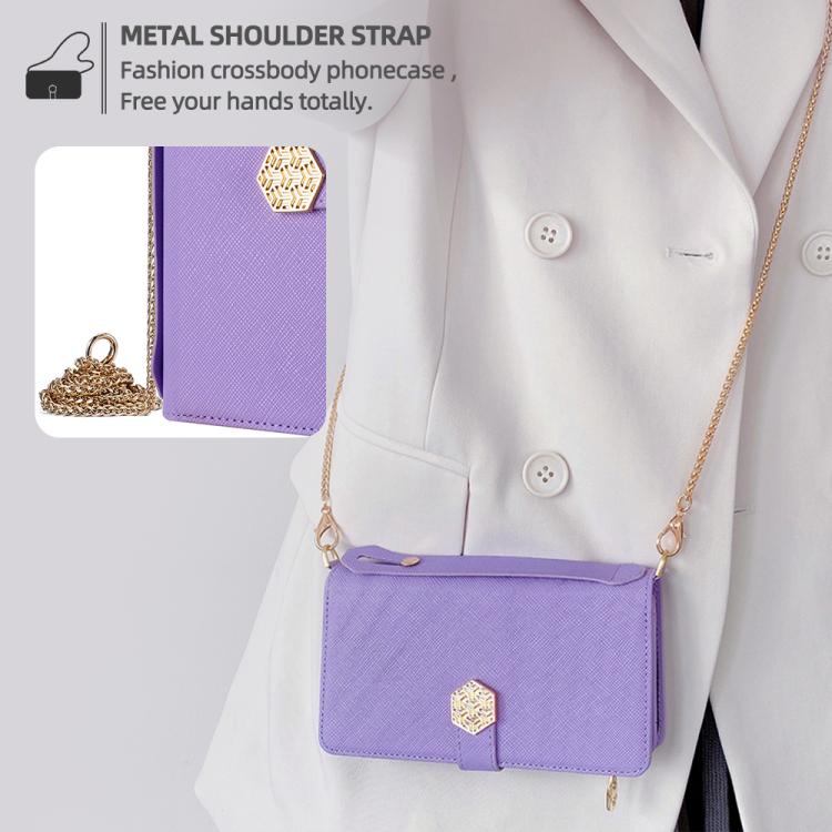 For iPhone 13 Pro Crossbody Handle Cross Texture Leather Phone Case(Purple) - iPhone 13 Pro Cases by buy2fix | Online Shopping UK | buy2fix