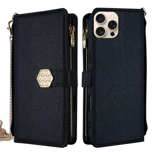 For iPhone 15 Pro Crossbody Handle Cross Texture Leather Phone Case(Black) - iPhone 15 Pro Cases by buy2fix | Online Shopping UK | buy2fix