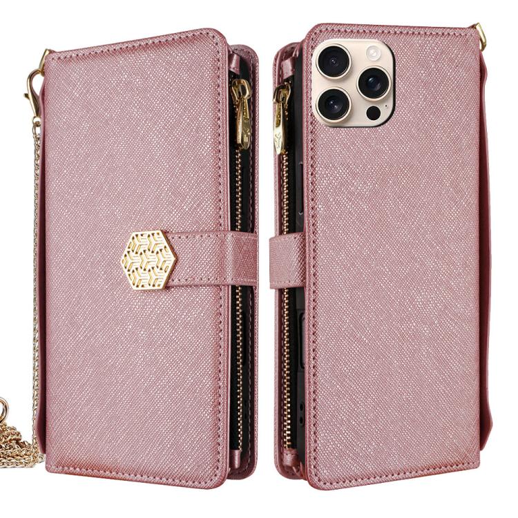 For iPhone 15 Pro Max Crossbody Handle Cross Texture Leather Phone Case(Rose Gold) - iPhone 15 Pro Max Cases by buy2fix | Online Shopping UK | buy2fix