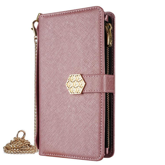 For iPhone 15 Pro Max Crossbody Handle Cross Texture Leather Phone Case(Rose Gold) - iPhone 15 Pro Max Cases by buy2fix | Online Shopping UK | buy2fix
