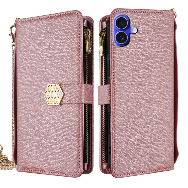 For iPhone 16 Plus Crossbody Handle Cross Texture Leather Phone Case(Rose Gold) - iPhone 16 Plus Cases by buy2fix | Online Shopping UK | buy2fix