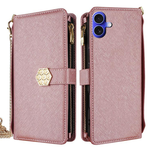 For iPhone 16 Plus Crossbody Handle Cross Texture Leather Phone Case(Rose Gold) - iPhone 16 Plus Cases by buy2fix | Online Shopping UK | buy2fix