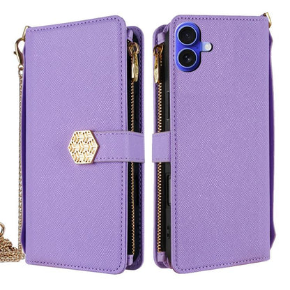 For iPhone 16 Plus Crossbody Handle Cross Texture Leather Phone Case(Purple) - iPhone 16 Plus Cases by buy2fix | Online Shopping UK | buy2fix