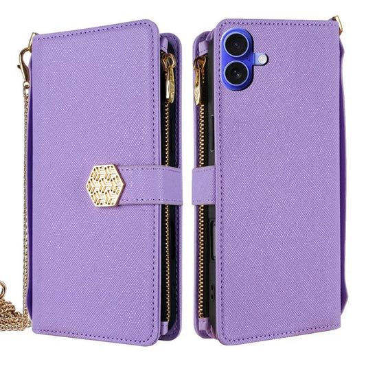 For iPhone 16 Plus Crossbody Handle Cross Texture Leather Phone Case(Purple) - iPhone 16 Plus Cases by buy2fix | Online Shopping UK | buy2fix