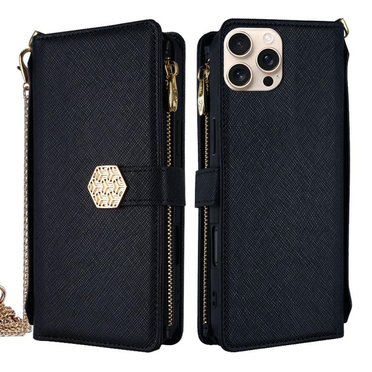 For iPhone 16 Pro Crossbody Handle Cross Texture Leather Phone Case(Black) - iPhone 16 Pro Cases by buy2fix | Online Shopping UK | buy2fix