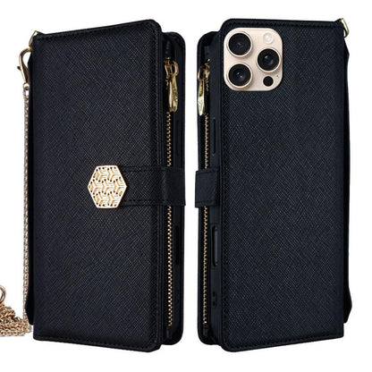 For iPhone 16 Pro Crossbody Handle Cross Texture Leather Phone Case(Black) - iPhone 16 Pro Cases by buy2fix | Online Shopping UK | buy2fix