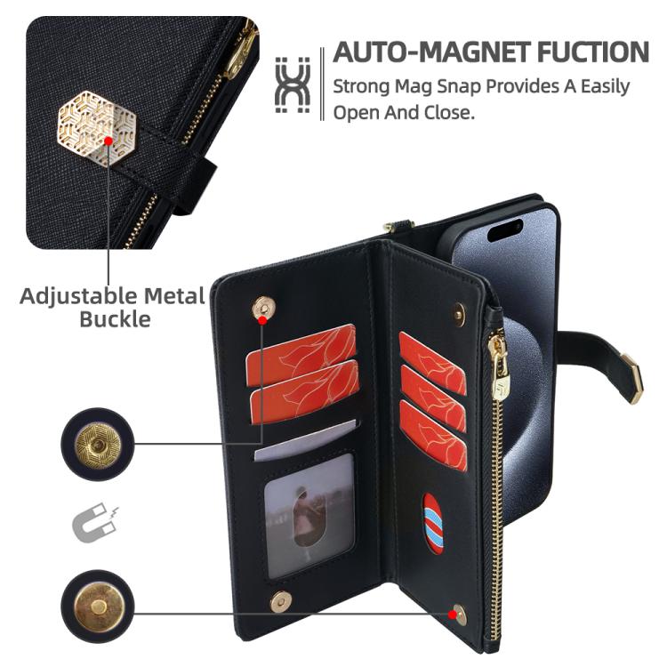 For iPhone 16 Pro Crossbody Handle Cross Texture Leather Phone Case(Black) - iPhone 16 Pro Cases by buy2fix | Online Shopping UK | buy2fix
