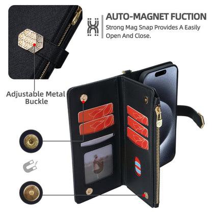 For iPhone 16 Pro Crossbody Handle Cross Texture Leather Phone Case(Black) - iPhone 16 Pro Cases by buy2fix | Online Shopping UK | buy2fix