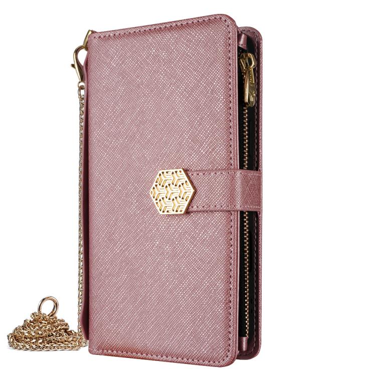 For iPhone 16 Pro Crossbody Handle Cross Texture Leather Phone Case(Rose Gold) - iPhone 16 Pro Cases by buy2fix | Online Shopping UK | buy2fix