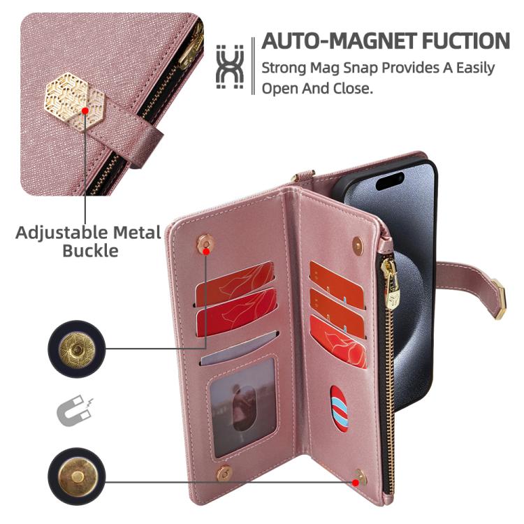 For iPhone 16 Pro Crossbody Handle Cross Texture Leather Phone Case(Rose Gold) - iPhone 16 Pro Cases by buy2fix | Online Shopping UK | buy2fix