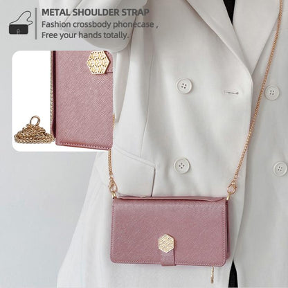 For iPhone 16 Pro Crossbody Handle Cross Texture Leather Phone Case(Rose Gold) - iPhone 16 Pro Cases by buy2fix | Online Shopping UK | buy2fix