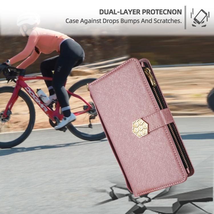 For iPhone 16 Pro Crossbody Handle Cross Texture Leather Phone Case(Rose Gold) - iPhone 16 Pro Cases by buy2fix | Online Shopping UK | buy2fix