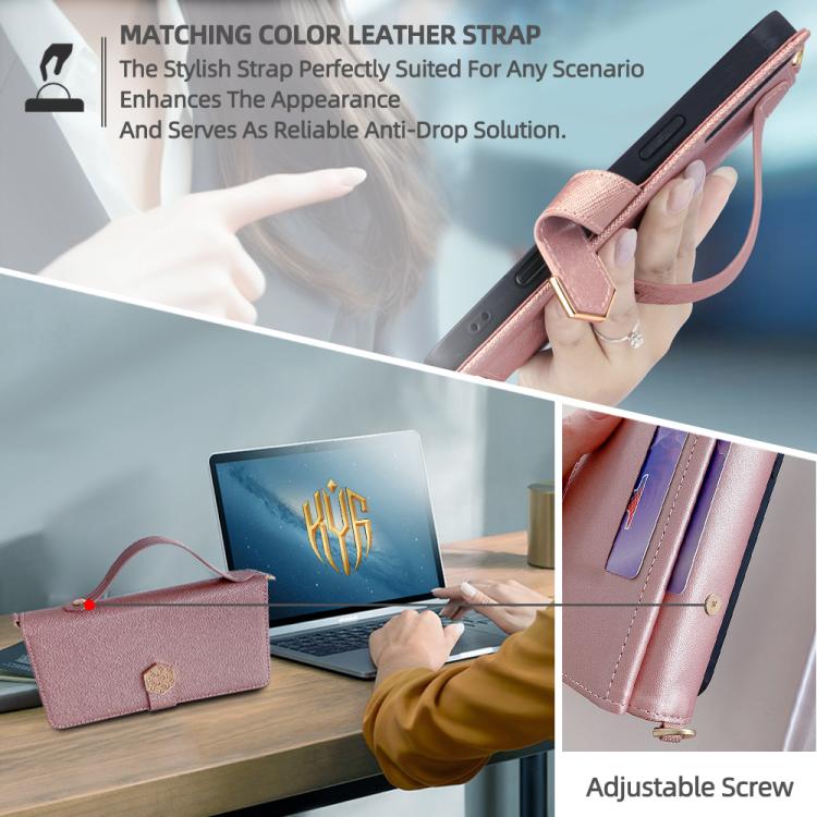 For iPhone 16 Pro Crossbody Handle Cross Texture Leather Phone Case(Rose Gold) - iPhone 16 Pro Cases by buy2fix | Online Shopping UK | buy2fix