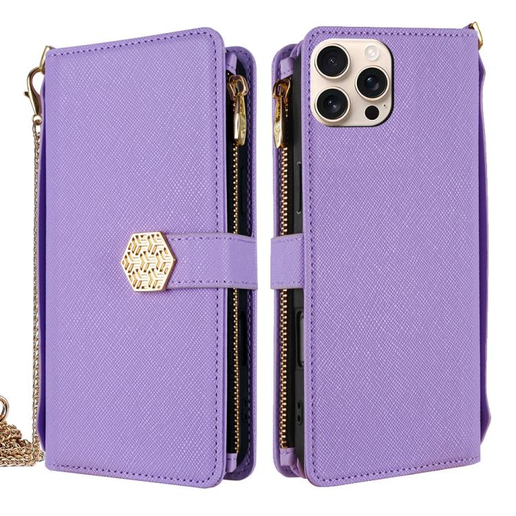 For iPhone 16 Pro Crossbody Handle Cross Texture Leather Phone Case(Purple) - iPhone 16 Pro Cases by buy2fix | Online Shopping UK | buy2fix