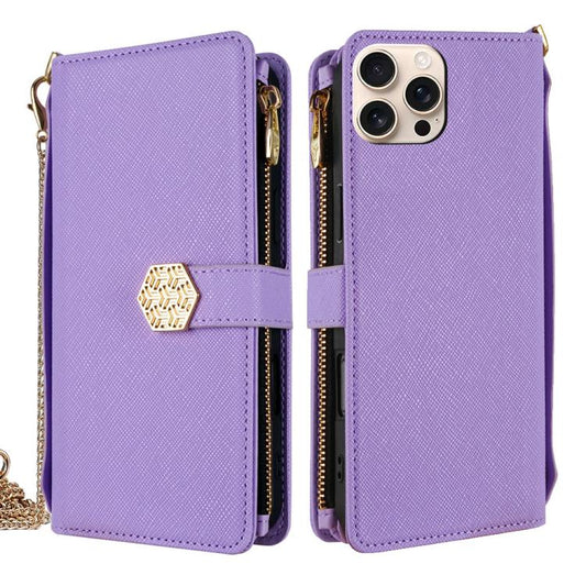 For iPhone 16 Pro Crossbody Handle Cross Texture Leather Phone Case(Purple) - iPhone 16 Pro Cases by buy2fix | Online Shopping UK | buy2fix