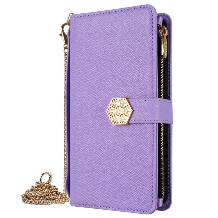 For iPhone 16 Pro Crossbody Handle Cross Texture Leather Phone Case(Purple) - iPhone 16 Pro Cases by buy2fix | Online Shopping UK | buy2fix