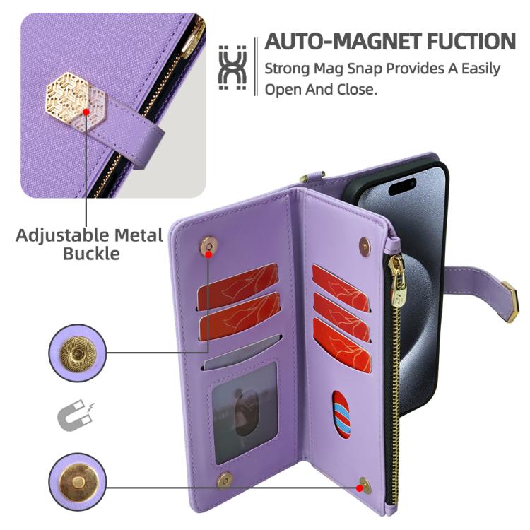 For iPhone 16 Pro Crossbody Handle Cross Texture Leather Phone Case(Purple) - iPhone 16 Pro Cases by buy2fix | Online Shopping UK | buy2fix