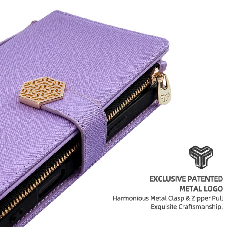 For iPhone 16 Pro Crossbody Handle Cross Texture Leather Phone Case(Purple) - iPhone 16 Pro Cases by buy2fix | Online Shopping UK | buy2fix