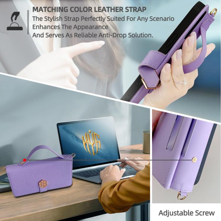 For iPhone 16 Pro Crossbody Handle Cross Texture Leather Phone Case(Purple) - iPhone 16 Pro Cases by buy2fix | Online Shopping UK | buy2fix