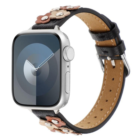 For Apple Watch 46mm / 49mm / 45mm / 44mm Kalebol Studded Flower Leather Strap(Black) - Watch Bands by Kalebol | Online Shopping UK | buy2fix