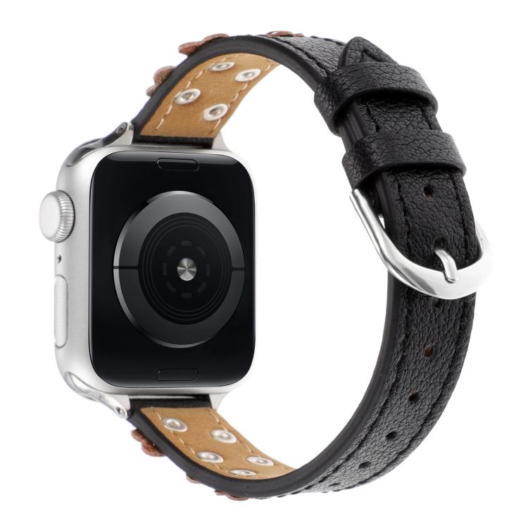 For Apple Watch 46mm / 49mm / 45mm / 44mm Kalebol Studded Flower Leather Strap(Black) - Watch Bands by Kalebol | Online Shopping UK | buy2fix