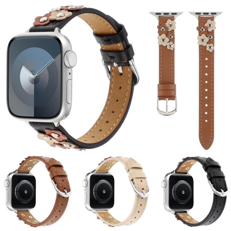 For Apple Watch 42mm / 41mm / 40mm / 38mm Kalebol Studded Flower Leather Strap(Milk Apricot) - Watch Bands by Kalebol | Online Shopping UK | buy2fix
