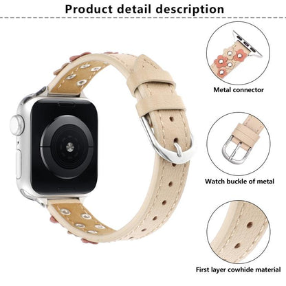 For Apple Watch 42mm / 41mm / 40mm / 38mm Kalebol Studded Flower Leather Strap(Milk Apricot) - Watch Bands by Kalebol | Online Shopping UK | buy2fix