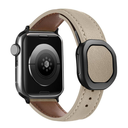 For Apple Watch 42mm / 41mm / 40mm / 38mm Kalebol Magnetic Fold Genuine Buckle Leather Watch Band(Apricot) - Watch Bands by Kalebol | Online Shopping UK | buy2fix