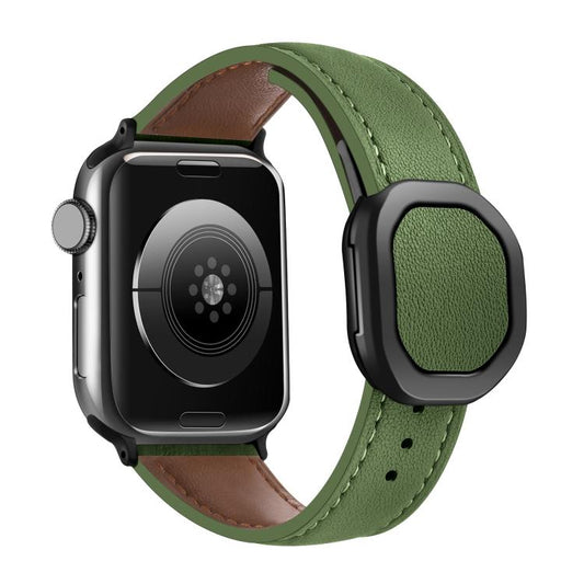 For Apple Watch 42mm / 41mm / 40mm / 38mm Kalebol Magnetic Fold Genuine Buckle Leather Watch Band(Army Green) - Watch Bands by Kalebol | Online Shopping UK | buy2fix