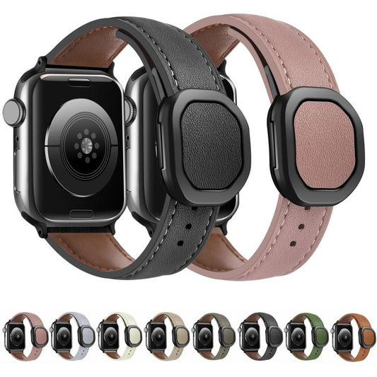 For Apple Watch 42mm / 41mm / 40mm / 38mm Kalebol Magnetic Fold Genuine Buckle Leather Watch Band(Apricot) - Watch Bands by Kalebol | Online Shopping UK | buy2fix