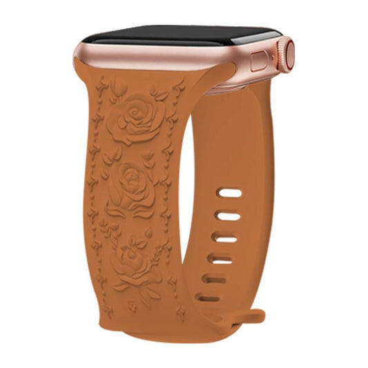 For Apple Watch 42mm / 41mm / 40mm / 38mm Kalebol 8-shaped Buckle Rose Embossed Silicone Watch Band(Brown) - Watch Bands by Kalebol | Online Shopping UK | buy2fix