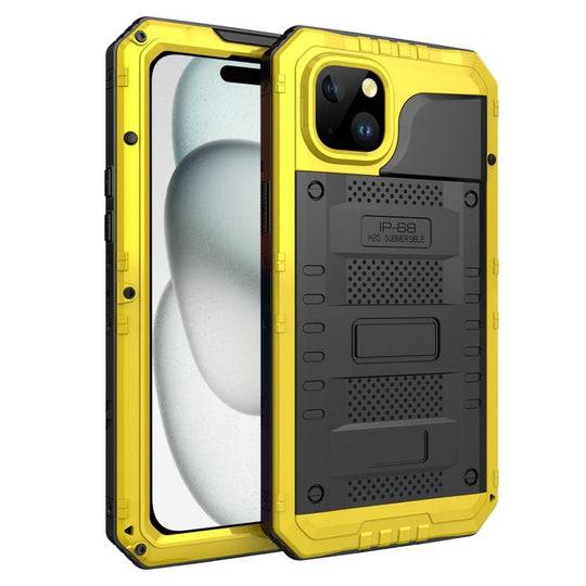 For iPhone 15 Four-proof Metal Hybrid Silicone Phone Case(Yellow)